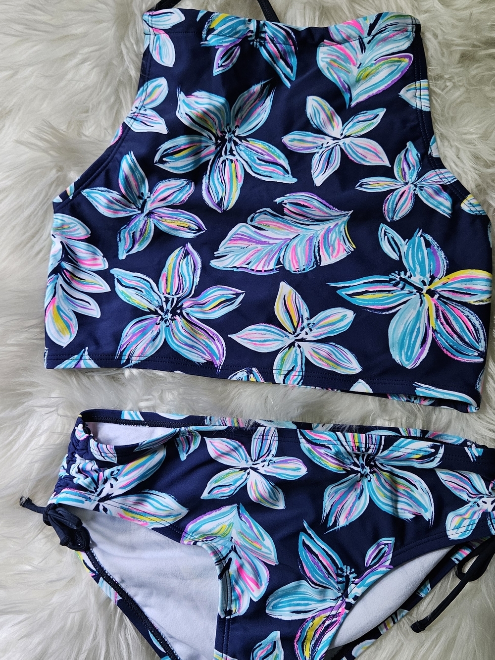 #7 Kanu Surf Navy Floral High-Neck Bikini Set with Multicolor Flowers